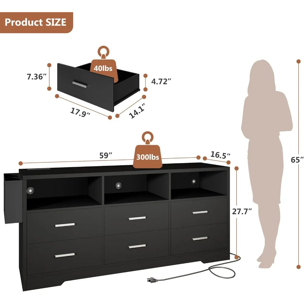 Dresser, 59 in, 6 Drawers with Charging Station and LED Lights, Chest of Drawers for Clothes,Bedroom TV Cabinet, Bedroom Dresser