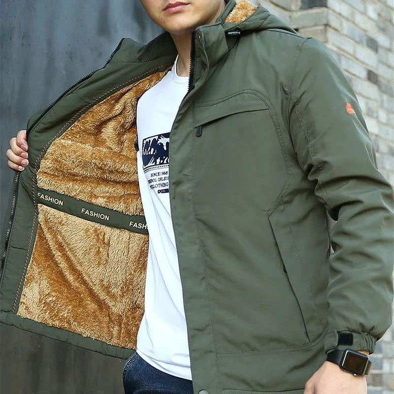 2024 New Winter Men's Warm Thick Lined Jacket Fashion Windproof and Waterpoor Hooded Collar Coat Autumn Fleece Outerwear