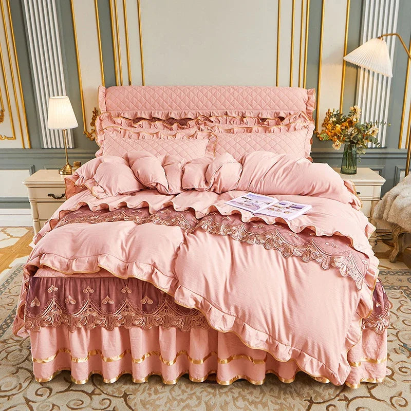 2024 New Washed Cotton Lace Four Seasons Fitted Sheet and Bed Skirt Single Product Set